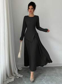 Selianne 女士优雅时尚长袖圆领收腰后背不对称下摆上衣和长裙 2 件套