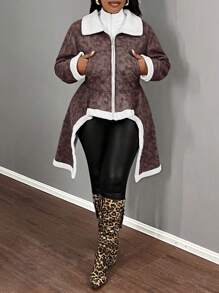 Slaydiva Elegant & Party & Date Bodycon Long Sleeve Asymmetrical Hem Pockets Zipper Brown PU Contrast Thermal Lined Women Plus Size Long Coat, Autumn/Winter