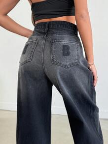 EURMUSE HIGH RISE WIDELEG CUT EBRIODERY DETAIL Y2K STYLE YOUNG JEAN - Dark Grey - View 6