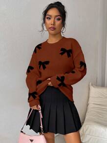 Chiquease Women's Bow Decor Round Neck Raglan Long Sleeve Casual Knit Pullover Sweater, Autumn/Winter Knit Pullover Fall Outfit