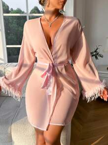 Chiffon Women Sleeve Contrast Fluffy Trim Loose Robe, Fashionable - Mauve Purple - View 3