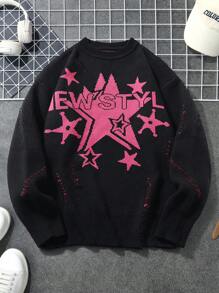 Manfinity EMRG Jersey grueso de cuello redondo con bloqueo de color y estampado de estrella de cinco puntas, de uso casual y versátil, para salir con amigos