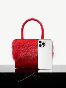 SHEIN SXY Ladies, Women Top Handle Bags, Fashionable, Simple, Elegant, Versatile, Personalized, Red, Fur & Fuzz, Plush, For Classic, Commute, Office, Date, Daily, Shopping, Afternoon Tea, Christmas, Valentine's Day Valentines - Red - View 5