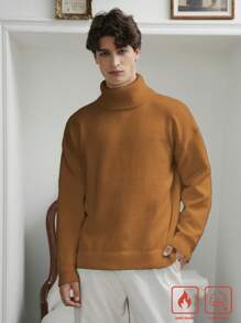 Manfinity Hypemode Solid Color High Neck Casual Pullover Long Sleeve Knitted Sweater - Bronze - View 2