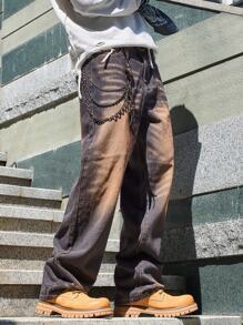 Manfinity Hypemode Plus Size Men's Fashion Distressed Straight Leg Jeans, Plain Long Distressed Baggy Dark Wash Jeans Cargo Jeans, For Husband, Boyfriend Gifts - Light Wash - View 6