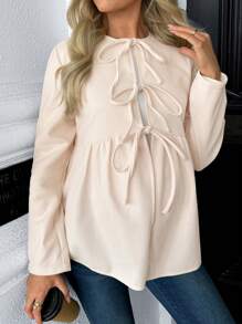 SHEIN Maternity Solid Color Front Tie Long Sleeve Pleated Simple Jacket, Casual Daily Wear - Apricot - View 4