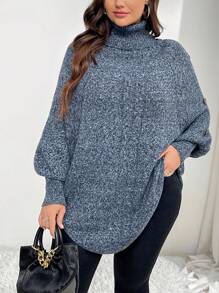 SHEIN LUNE 大码女式高领蝙蝠袖长袖纽扣设计宽松休闲毛衣套头衫，秋冬