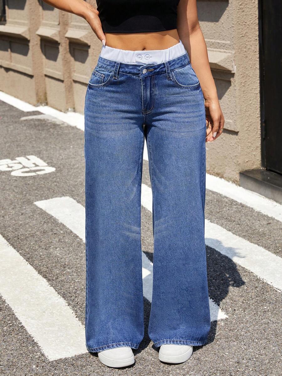 SHEIN Essnce Quần Jeans Denim Ống Rộng Thời Trang Thường Ngày Cho Nữ - Rửa tối - Xem 1