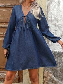SHEIN LUNE Women's Tie Front Long Sleeve Ruched Minimalist Short Denim Dress