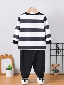 SHEIN 2pcs/Set Baby Boys' Graphic Print Casual Minimalist Long Sleeve Pullover Sweatshirt And Sports Pants, Suitable For Spring, Autumn & Winter - Black and White - View 2
