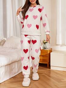 Plush Heart Print Long Sleeve Top & Long Pants Fluffy Pajama Set, Fall Winter Clothes, Cozy - Multicolor - View 4