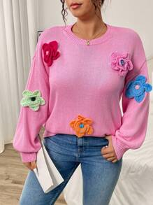 Calvaya Áo len chui đầu dệt kim rộng rãi họa tiết hoa trang trí giản dị cỡ lớn cho nữ - Hồng - Xem 3