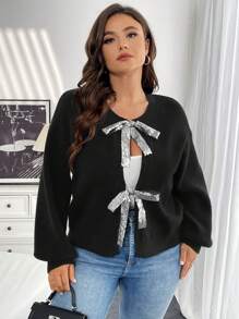 SHEIN Essnce Plus Size Women's Fall Women Outfits Warm Clothes Fashion Casual Commuting Elegant Lantern Sleeve Long Sleeve Bowknot Fall Sweaters Thanksgiving Sweater Winter Sweater Plus Sweater Long Sleeve Sweater Cute Sweater Black Sweater Cardigan