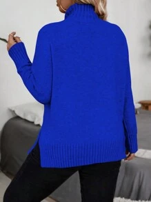 SHEIN LUNE Plus Size Solid Color Stand Collar Long Sleeve Minimalist Top, Casual Everyday Wear, For Winter Knit Pullover Fall - Royal Blue - View 2