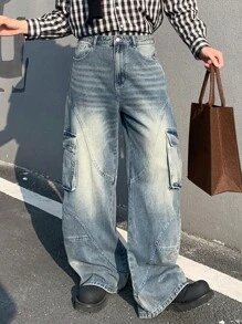 Manfinity EMRG Men's Light Blue Washed Denim Cargo Pants, Loose Fit Wide Leg Blue Distressed Baggy Cargo Jeans, For Husband, Boyfriend Gifts - Light Wash - View 1