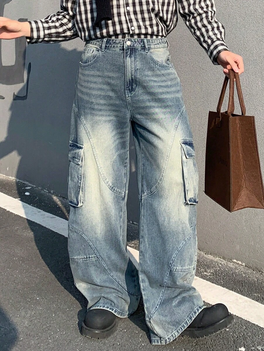 Manfinity EMRG Men's Light Blue Washed Denim Cargo Pants, Loose Fit Wide Leg Blue Distressed Baggy Cargo Jeans, For Husband, Boyfriend Gifts - Light Wash - View 1