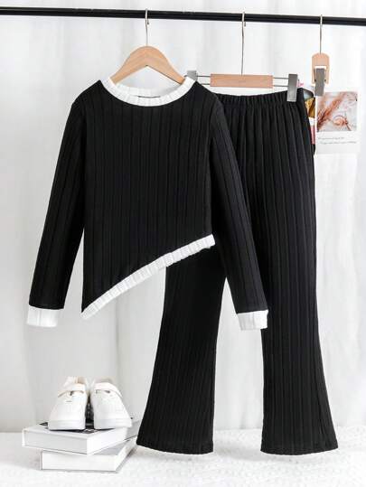 2pcs/Set Tween Girl Casual Versatile Elegant Commuter Style Black And White Splice Asymmetrical Hem Long Sleeve Knit Sweater And Wide Leg Pants, Suitable For Autumn And Winter Wearing, For School, Travel And Outing