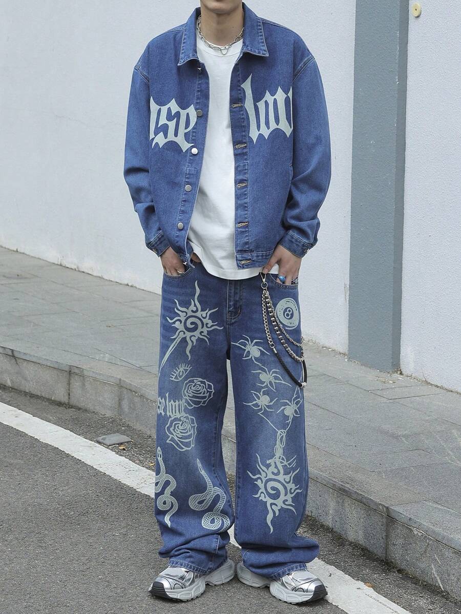 Manfinity EMRG 秋季大码男士休闲水洗色块印花牛仔夹克和裤子两件套 - 藍色 - 查看 1