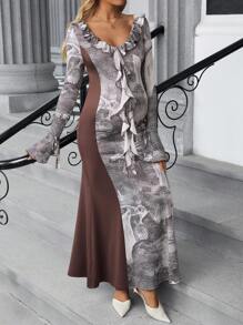 SHEIN Vestido de maternidad con cuello y mangas con volantes elegantes, cintura ajustada con lazo, estampado de pintura de paisaje, moda para salidas, sesiones de fotos, té por la tarde, para fiestas