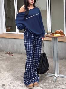 INAWLY Women Knit Casual Going Out Party English Print Loose Sweatshirt Set, Navy, Autumn/Winter Fall Cloth For Women - Navy Blue - View 3