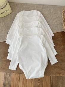 SHEIN LMoss Kids 5pcs/Set Newborn Baby Girls Cute White Long Sleeve Romper Set, Autumn/Winter