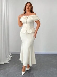 Elenzga 2pcs/Set Plus Size Elegant Floral Off Shoulder Top And Skirt, Autumn - Apricot - View 5