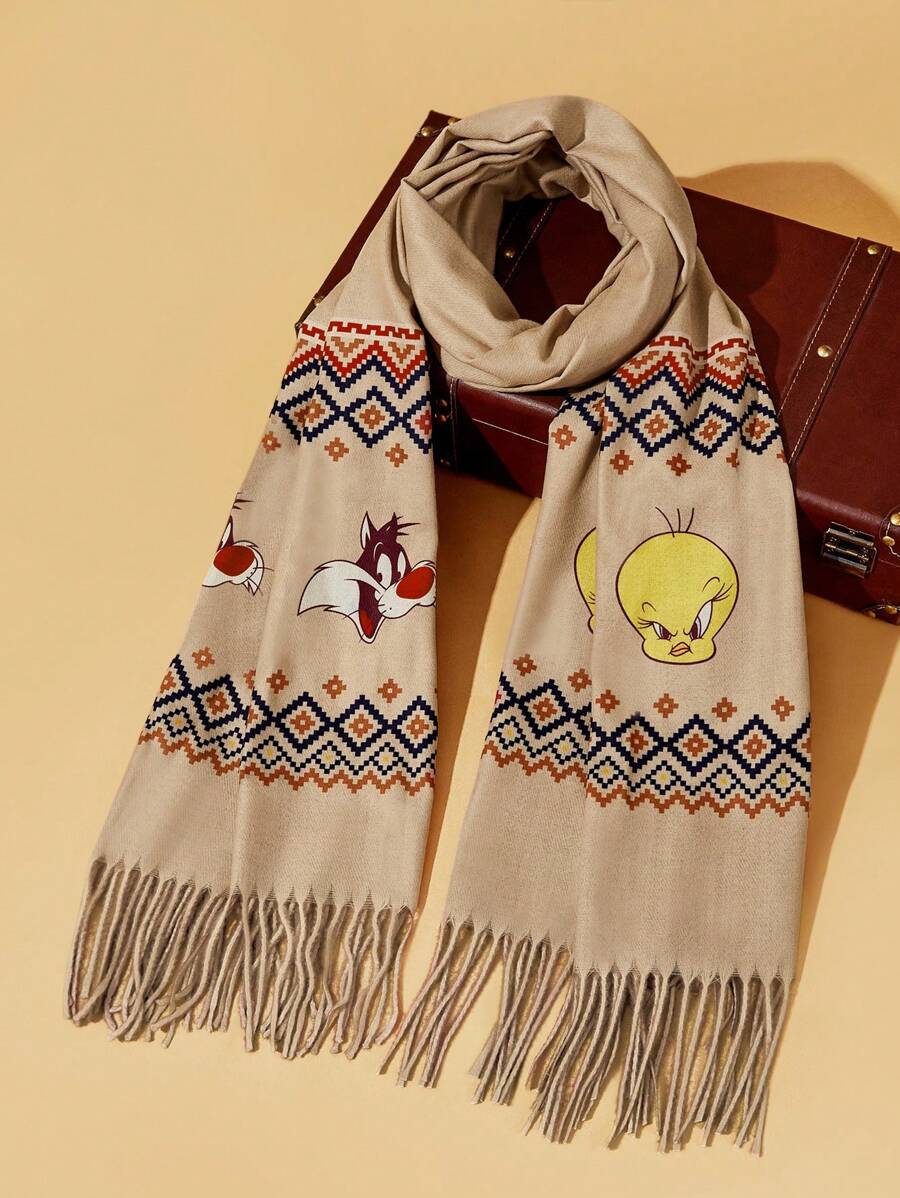 LOONEY TUNES X SHEIN Women's Cartoon & Geometric Pattern Fringed Long Scarf - Camel - View 1