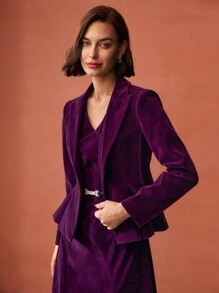 MOTF PREMIUM VELVET SOLID PEAK COLLAR FLOWY HEM BLAZER - Purple - View 4