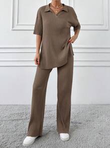 RueChic Cotton Two Pieces Set Polo Neck Top And Pant Set Rib Knit Fabric - Mocha Brown - View 5