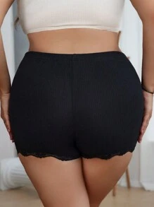 1pc Plus Size Solid Color Lace Trim Boyshort Panties - Black - View 2
