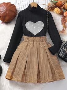 2pcs/Set Tween Girl' Elegant Heart Sequin Knit Long Sleeve Top And Skirt Set