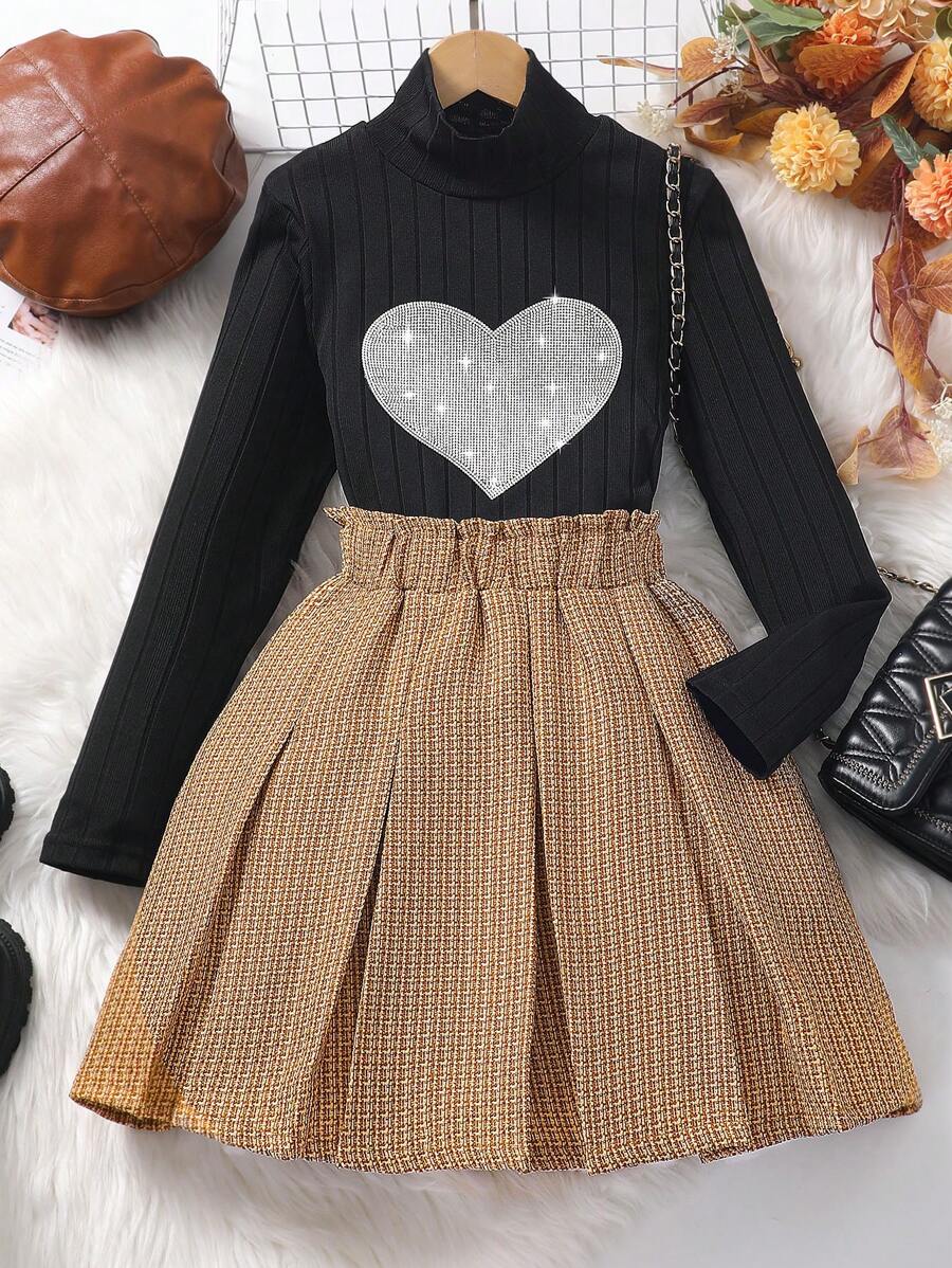 2pcs/Set Tween Girl' Elegant Heart Sequin Knit Long Sleeve Top And Skirt Set