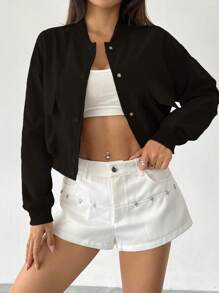 Flirla Casual Snap Button Open Front Loose Fit Baseball Jacket, For Autumn