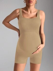 SHEIN 孕婦純色圓領無袖運動背心搭配 3/4 長度連身褲，孕婦專用 - 卡其色 - 查看 4
