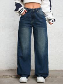 SHEIN EZwear 女士纯色口袋休闲百搭宽松直筒牛仔裤