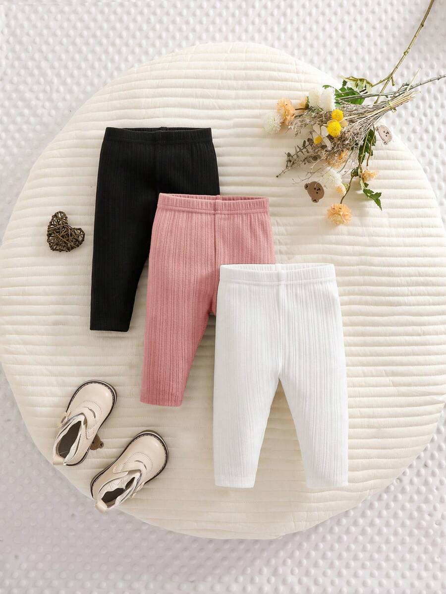 SHEIN 3pcs Newborn Baby Girls Essential Set: Cute Versatile Solid Color Knitted Elastic Waist Pants - Multicolor - View 1