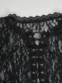 Hauture Winter Women Clothes, Elegant Sheer Black Lace Corset Long Sleeve Top With Front Tie Up. For Going Out, Concerts, Festivals,Party, Holiday