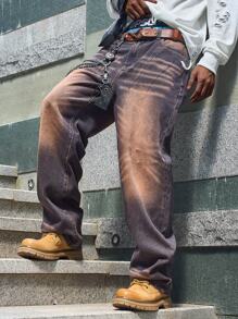 Manfinity Hypemode Plus Size Men's Fashion Distressed Straight Leg Jeans, Plain Long Distressed Baggy Dark Wash Jeans Cargo Jeans, For Husband, Boyfriend Gifts - Light Wash - View 4