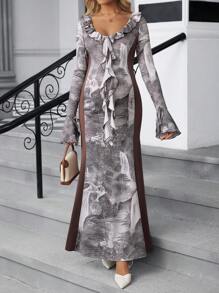 SHEIN Vestido de maternidad con cuello y mangas con volantes elegantes, cintura ajustada con lazo, estampado de pintura de paisaje, moda para salidas, sesiones de fotos, té por la tarde, para fiestas