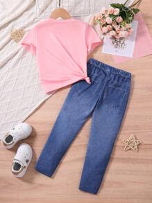 Young Girl Leopard Print Heart Graphic T-Shirt And Pants Set - Pink - View 2