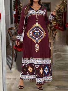 Plus Size Women Print V-Neck Long Sleeve Casual Dress