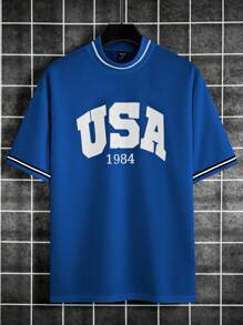 Aesthetic Post Áo thun nam cổ tròn in chữ tương phản tay ngắn thường ngày - Màu xanh lam - Xem 3