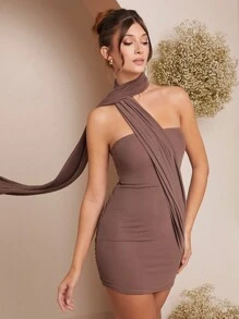 L'Amorae Women's Elegant Solid Color Sash Bodycon Mini Dress