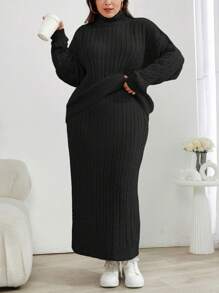 EURMUSE Cable Knit Turtleneck Sweater And Skirt Two Piece Set - Black - View 3