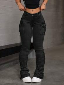 SHEIN ICON Women's Fashion Cargo Pocket Pleated Denim Jeans