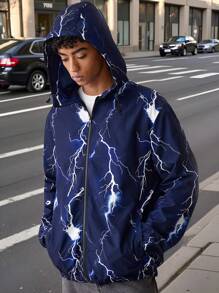 Manfinity VCAY Men's Woven Fashionable Casual Loose Fit Long Sleeve Hooded Jacket For Daily Wear,Sun Protection Waterproof Quick Drying,Blue,Lightning Pattern,Halloween Jakets&Coats