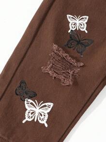 SHEIN Baby Girl Asymmetric Elastic Waist Fitted Butterfly Print Light Wash Straight Leg Denim Jeans - Coffee Brown - View 6