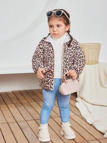 SHEIN Leap Crew Babygirl Leopard Print Hooded Jacket, Warm Thick Lined, Versatile Autumn/Winter - Khaki - View 4