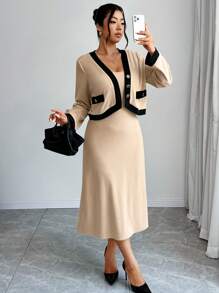 SHEIN Unity Plus Size Contrast Trim Button Front Long Sleeve Top And Sleeveless Dress Elegant 2Pcs Set - Khaki - View 3