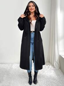 SHEIN LUNE 女士连帽长款开衫外套，收腰休闲外套，适合秋冬季 - 黑色 - 查看 3